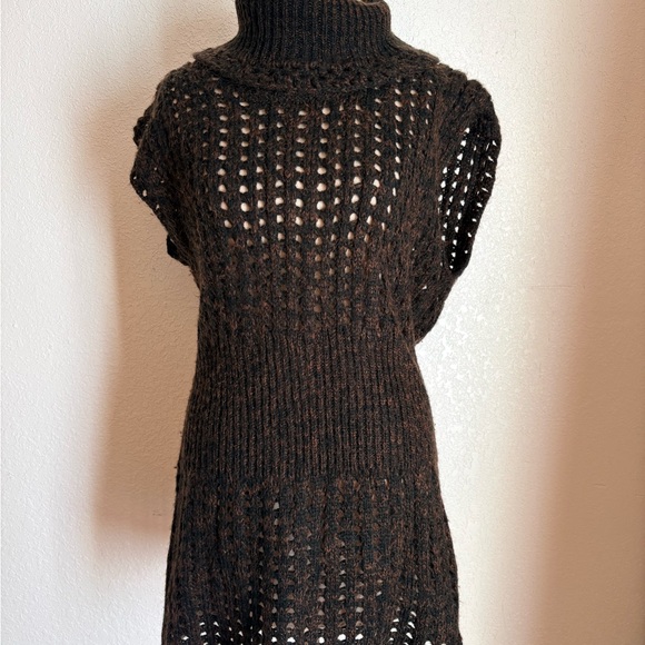 VTG y2k brown black cache chunky knit sweater short sleeve long top dress neck L - Picture 2 of 11
